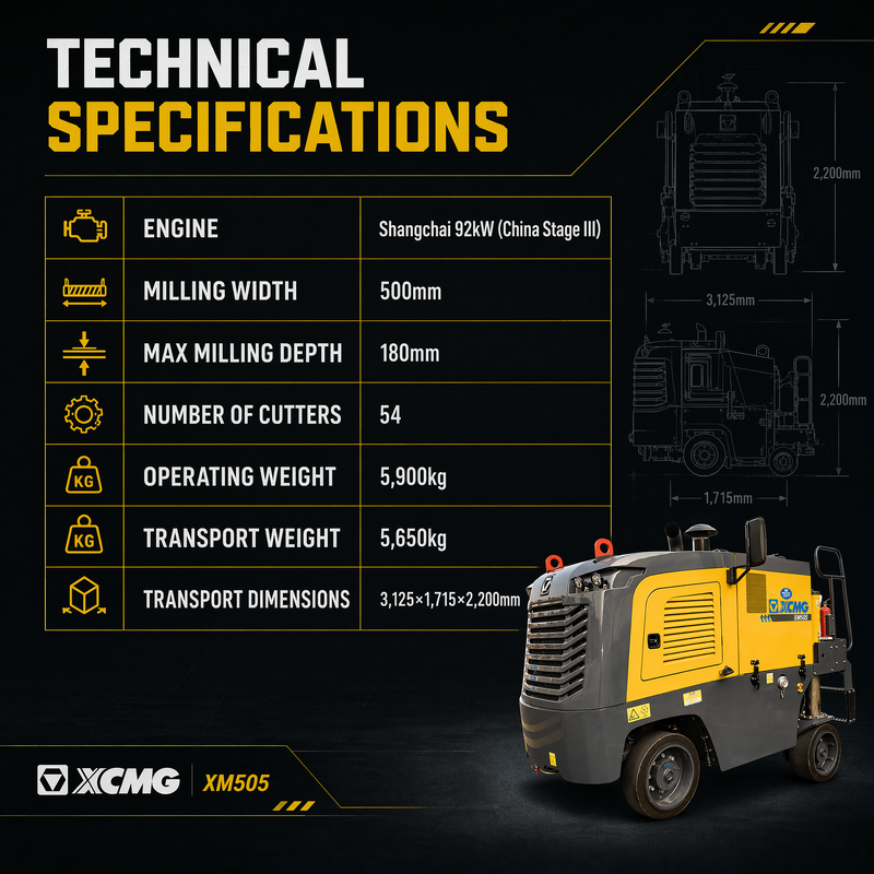 XM505 Máquina de fresado de pavimentos de asfalto Mantenimiento de carreteras Máquina de fresado en frío para reparación de carreteras urbanas
